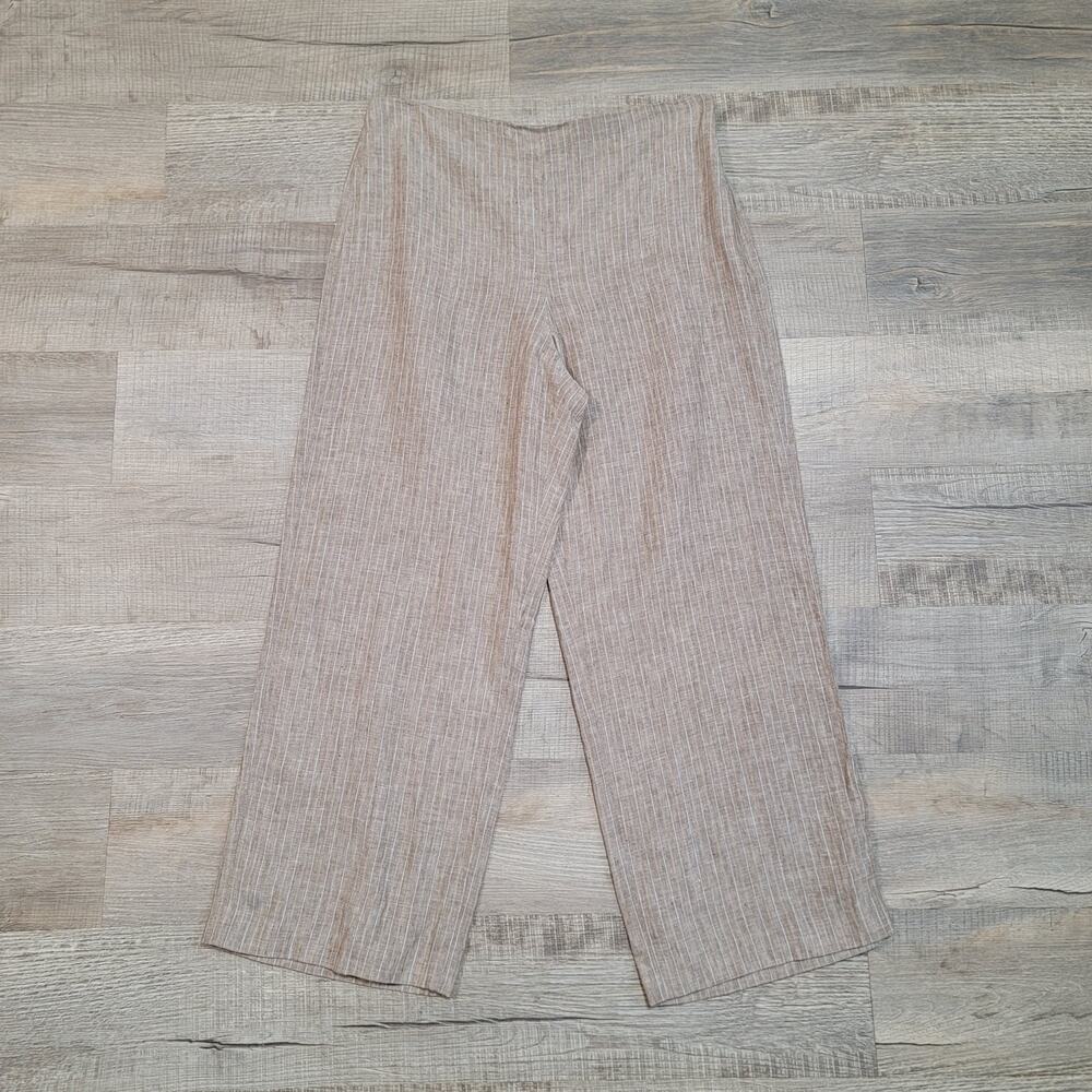 Theory Clean Crop Pant Striped 100% Linen Tan Brown Size 10 Wide Leg Work Office